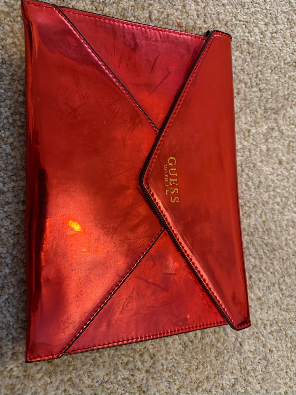 GUESS Red Metallic Envelope Clutch with Gold Logo
